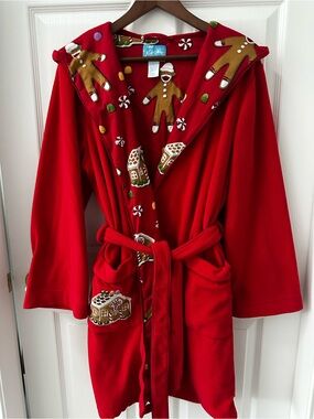 Nick & Nora Red Fleece Holiday Gingerbread Sock Monkey Hooded Robe S/M Christmas